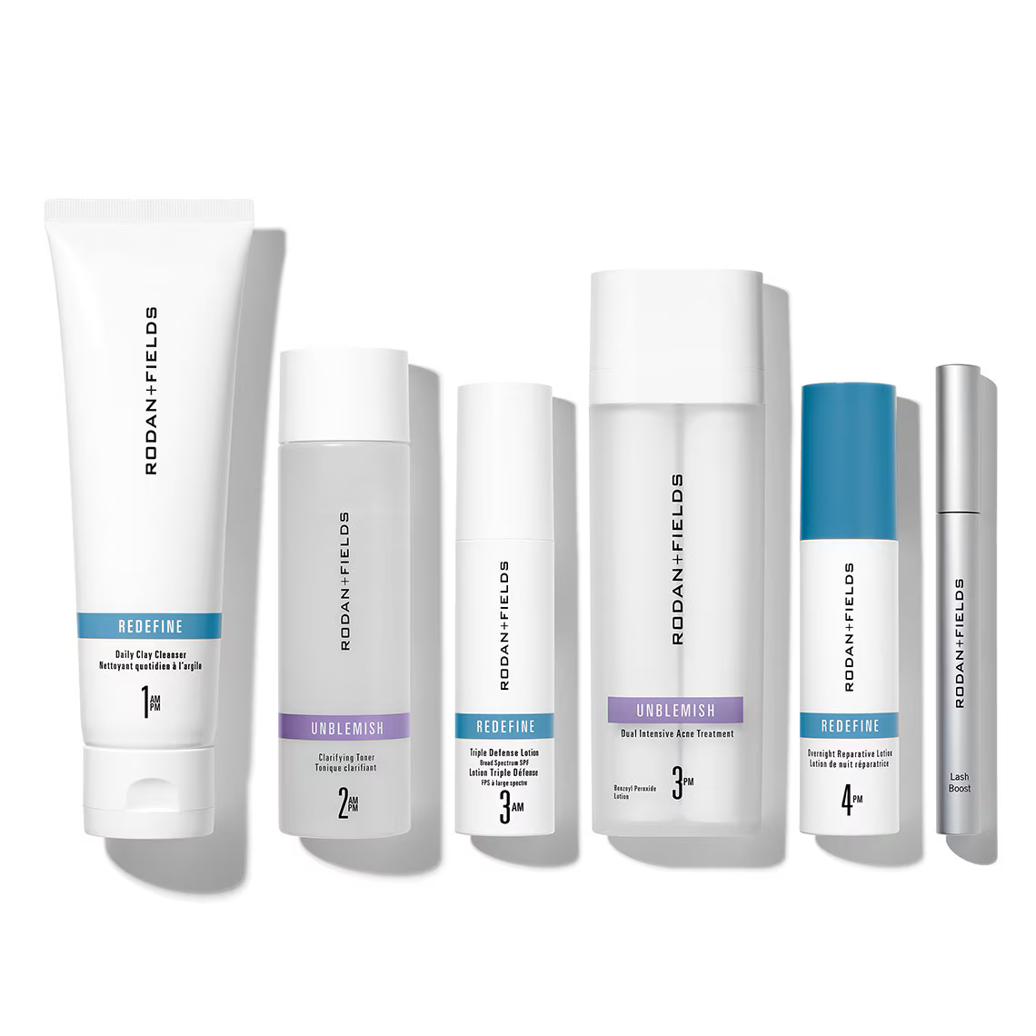 Rodan + Fields skincare products from the Redefine, Unblemish, and Lash Boost ranges