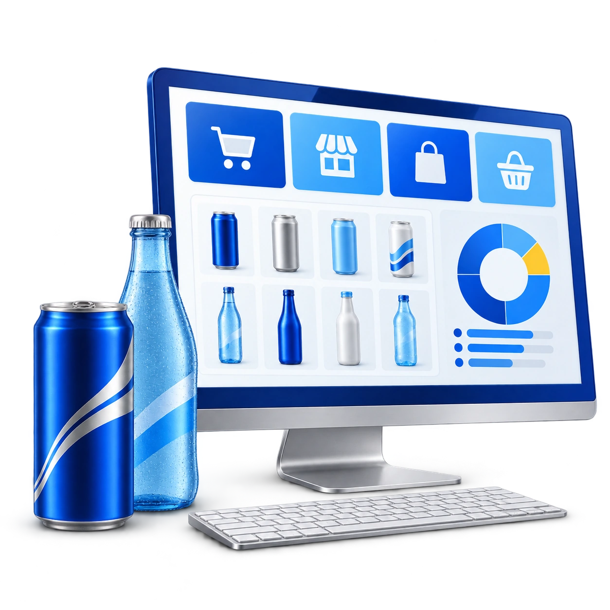 A category analytics workstation with a blue retail dashboard and beverage samples