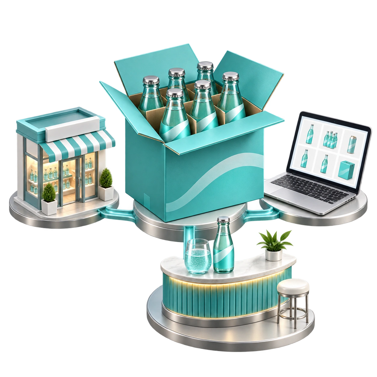 A beverage shipping case connecting retail, an online store, and hospitality channels