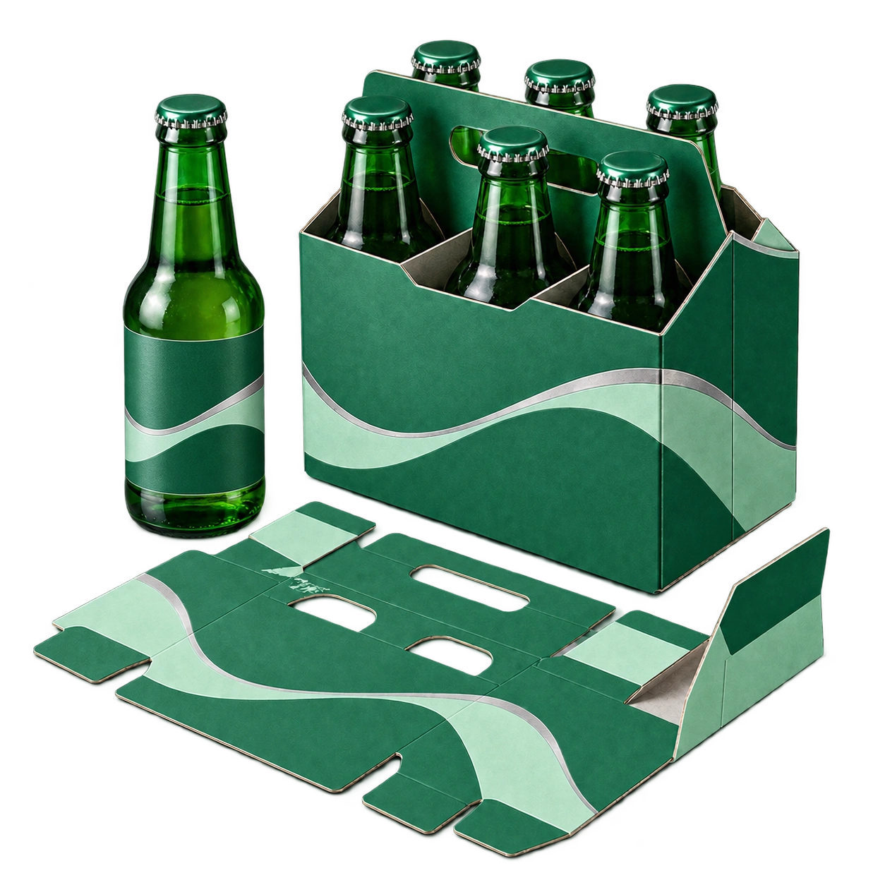 A green six-bottle beverage carrier, matching bottle, and unfolded packaging dieline