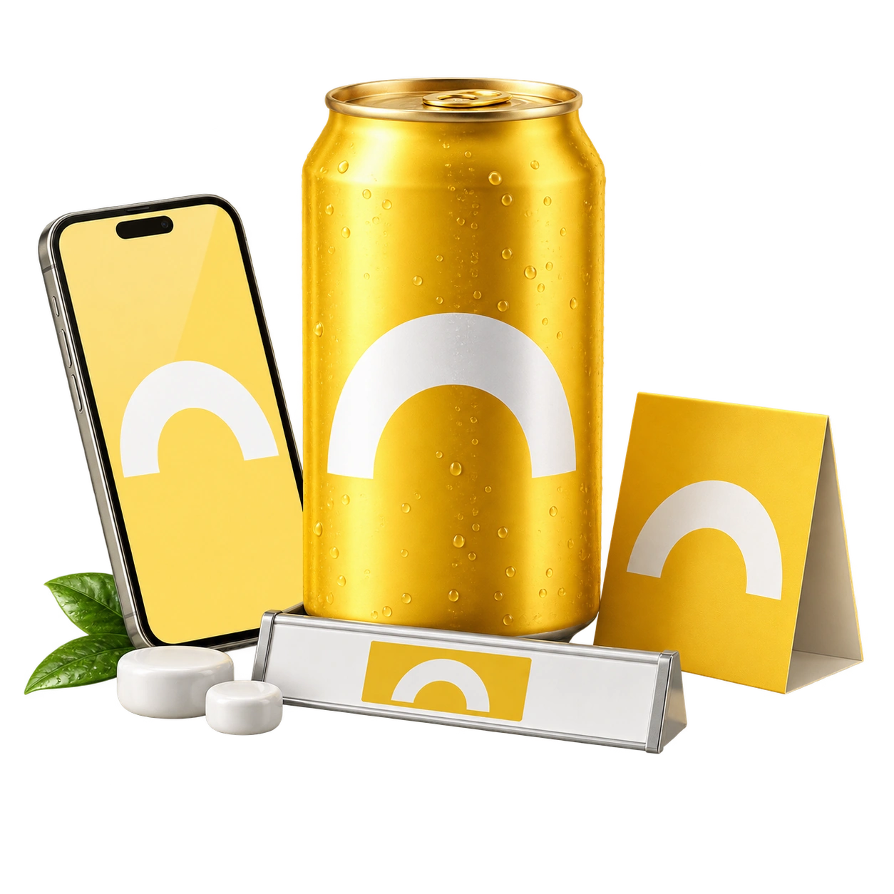 A coordinated yellow beverage brand across its can, campaign screen, retail strip, and brand card